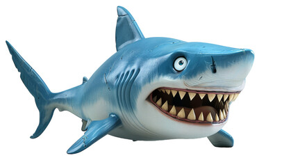 Blue shark with a wide open mouth, sharp teeth, and a white background