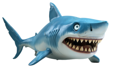 Blue shark with a wide open mouth, sharp teeth, and a white background