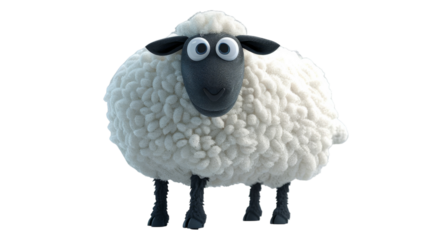 A cartoon sheep with white fur, a black face, and large eyes stands against a white background
