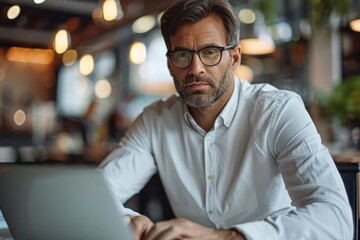 Man uses laptop at table