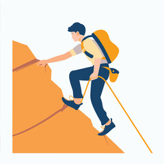 Young man climbing steep mountain, equipped backpack climbing rope. Male hiker uses safety gear ascending rocky terrain. Adventurer engages outdoor sports activity, mountaineering concept
