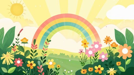 Fototapeta premium Colorful 3D paper art scene with a rainbow, flowers, sun, and clouds on a blue background. Concept of springtime and happiness.