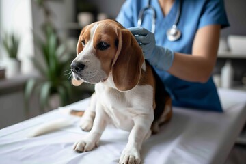 beagle at the veterinarian's appointment. The dog sits on the examination table, and a veterinarian in a white coat carefully examines it. The beagle looks a little worried, but looks at the vet trust