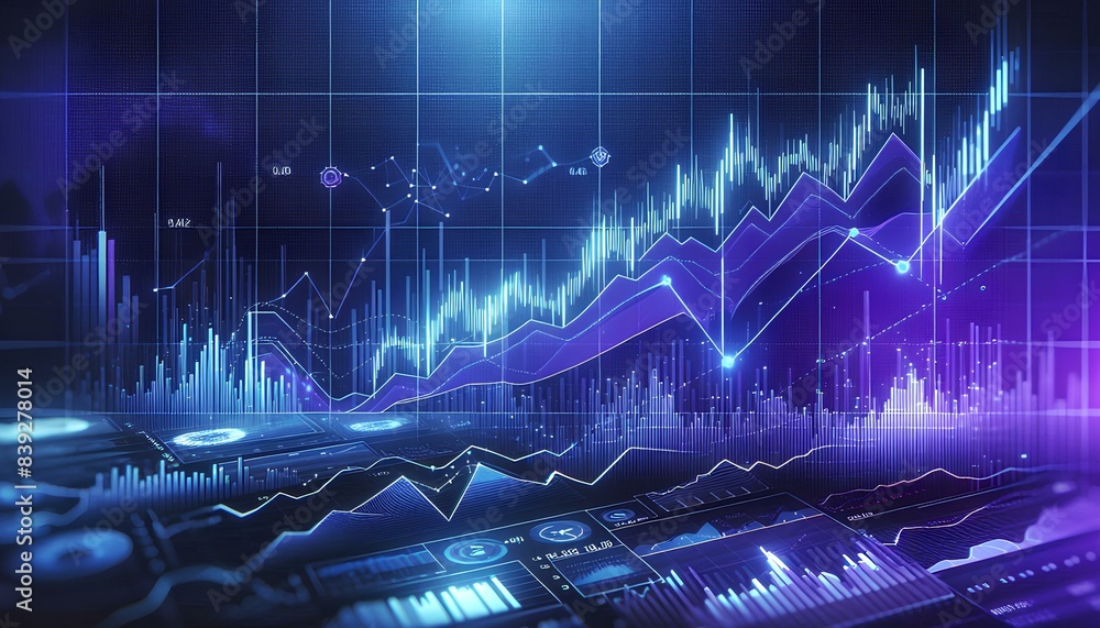 Poster financial data visualization, abstract image of glowing blue and purple financial data represented b