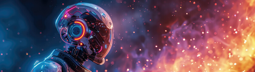 A robot with a head and a pair of headphones is standing in front of a fire. The robot is surrounded by a lot of sparks and the fire is very bright. Scene is intense and futuristic