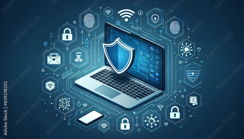 Poster laptop with a shield and padlock on the screen, surrounded by various security icons, representing t