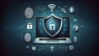 Fototapeta premium A laptop with a shield and padlock on the screen, surrounded by various security icons, emphasizing the importance of online security and protection.