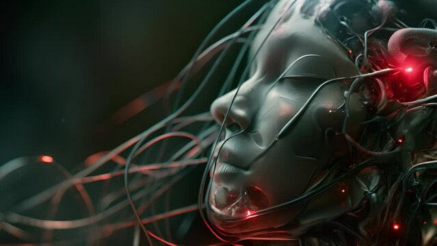 Futuristic head of woman with a full cyborg, cyberpunk, robot head have a lot of cables and wires, Robot head have intricate structure	