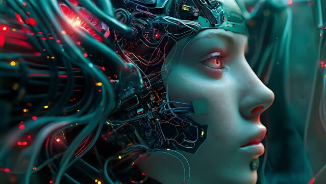 Futuristic head of woman with a full cyborg, cyberpunk, robot head have a lot of cables and wires, Robot head have intricate structure	