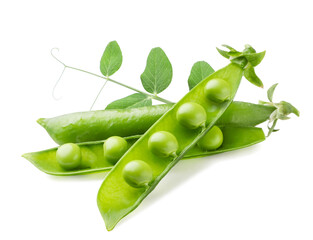 Green pea pods with leaves close-up on a white. Isolated