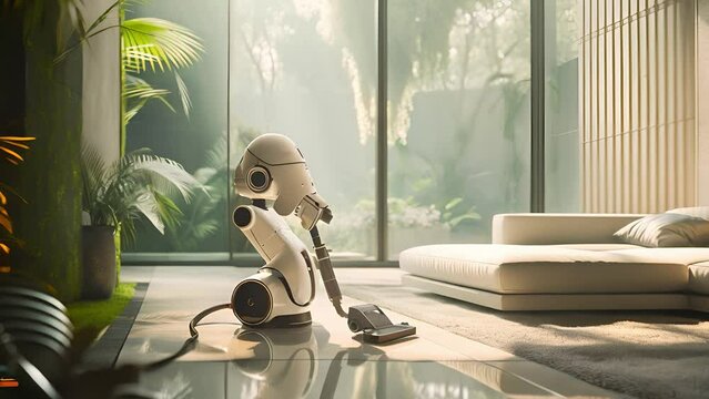A robot is vacuuming the floor in house at modern living room, using a vacuum, Futuristic, Robotic vacuum cleaner on the floor, Smart cleaning technology	