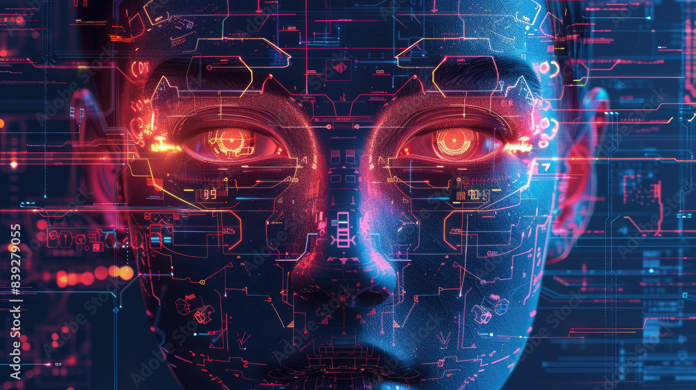 Poster holographic blueprint of a cutting-edge ai robot in cyberpunk style with neon colors, digital art de