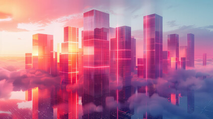 Futuristic cityscape with floating buildings in innovative neon colors, 3D rendering highlighting the vision of urban development and advanced technology.