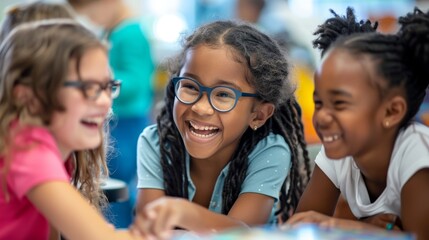 A group of children laughing together while working on a group project.