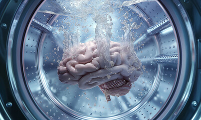 conceptual image depicting a brain being washed inside a washing machine, representing the idea of brainwashing