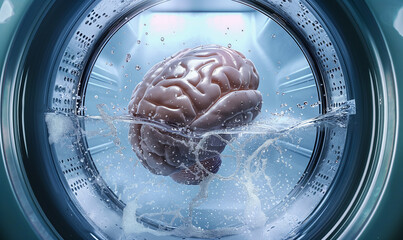 conceptual image showing a brain being washed inside a washing machine, symbolizing the idea of brainwashing