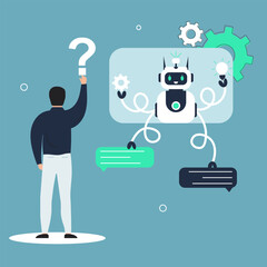 Customers having dialog with chatbot on smartphones. Characters chatting with robot, asking questions and receiving answers. AI chat bot chatting with man provide smart solution idea. Answer questions