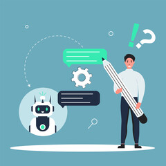 Customers having dialog with chatbot on smartphones. Characters chatting with robot, asking questions and receiving answers. AI chat bot chatting with man provide smart solution idea. Answer questions