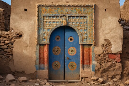 Ornate blue moroccan door set in an aged clay adobe wall, displaying intricate patterns and textures