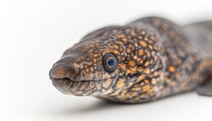 Fototapeta premium Close-up of a sleek moray eel with a mottled brown and orange pattern against a solid white background