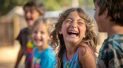 Fototapeta premium Kids playing a game during recess, laughing and having fun together.