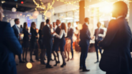 Office Celebration of Success Blurred Background, Business Figures Enjoying Festive Event, Corporate Achievement Party Atmosphere, Colleagues Congratulating Each Other