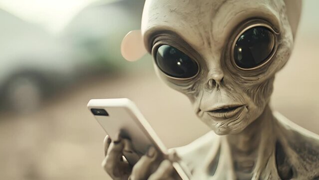 Extraterrestrial alien using smart phone, Mysterious alien holding smartphone	