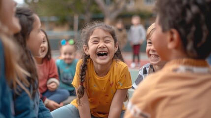 Fototapeta premium Kids playing a game during recess, laughing and having fun together.