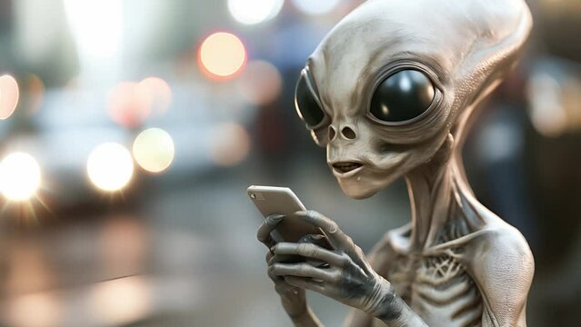 Extraterrestrial alien using smart phone, Mysterious alien holding smartphone	