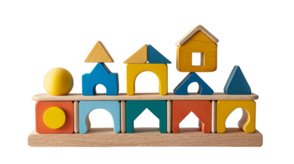 A close-up of a wooden block stacking toy with a yellow ball on top