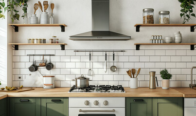 3d rendering, Minimalist kitchen with green cabinets, white tiles and black range hood. 