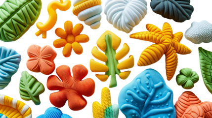 Various plastic shapes of tropical leaves and flowers in different colors
