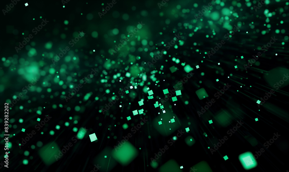 Wall mural a dark background with green pixel particles flying around in the center of it, creating an abstract