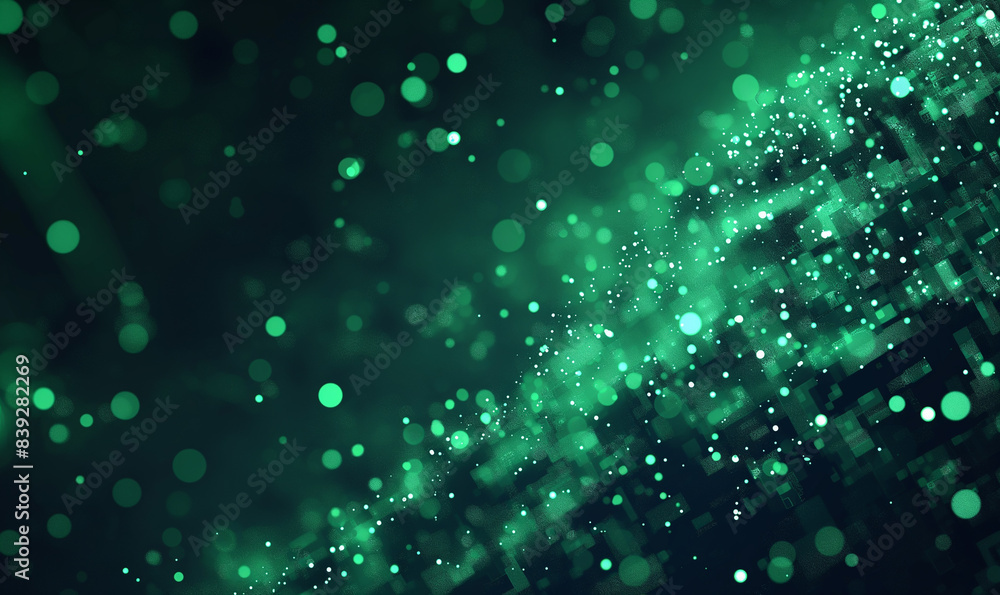 Wall mural a dark background with green pixel particles flying around in the center of it, creating an abstract