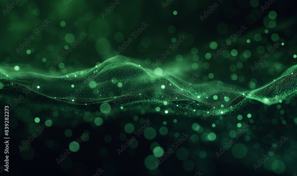 Wall mural a dark background with green pixel particles flying around in the center of it, creating an abstract