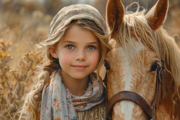 Vintage-styled portrait of a girl with a horse showing a deep connection in an autumnal countryside setting - Powered by Adobe
