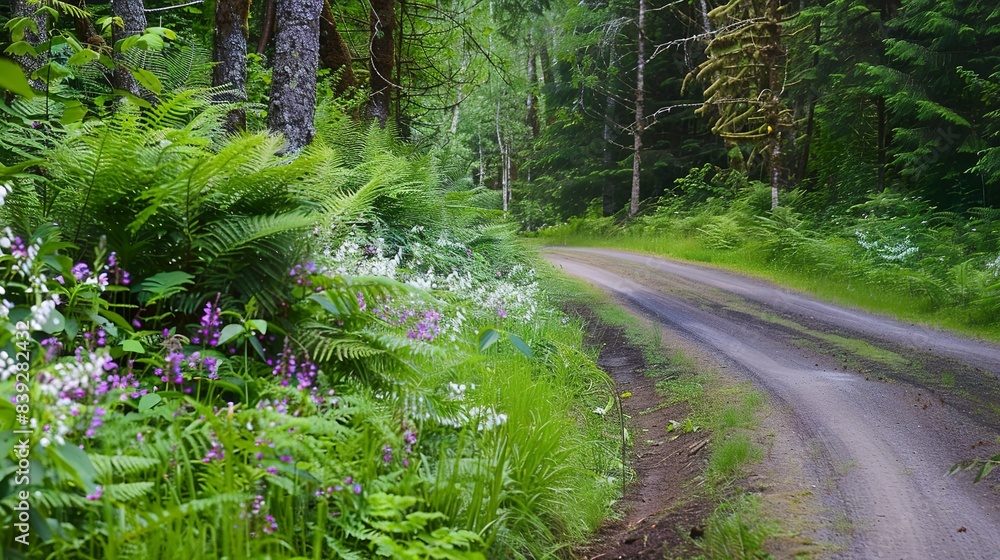 Poster Forest road with ferns and wildflowers on the edges, close-up, colorful natural border, peaceful, no humans 