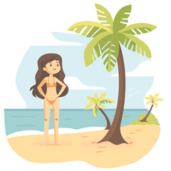 Young woman standing confidently beach under palm trees, enjoying tropical scenery, smiling bikini. Cartoon character sandy beach clear sky, leisure vacation concept, serene seaside view. Female