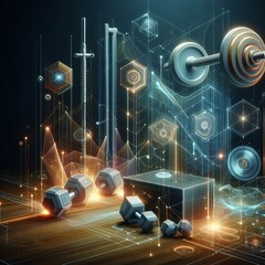 Advanced workout equipment displayed within a complex digital interface, highlighting the blend of physical exercise tools and cutting-edge digital technology for enhanced training experiences.