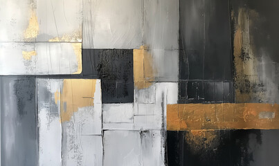 Abstract art painting in grey, white and gold tones with brush strokes, large shapes, geometric forms, lines and squares, very minimalist, in the style of modern art, oil on canvas