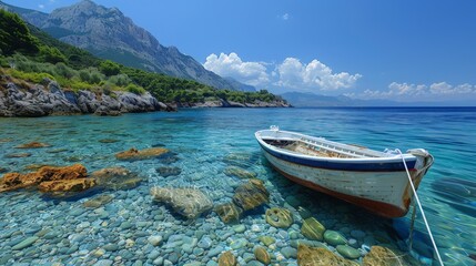 Naklejka premium A Solitary Boat Anchored in the Turquoise Waters of a Tranquil Coastal Cove. Generative AI