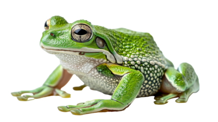 A green tree frog sits with its limbs outstretched against a white backdrop