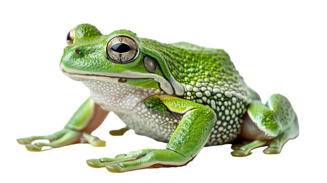 A green tree frog sits with its limbs outstretched against a white backdrop