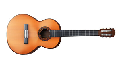 A close-up of a classic acoustic guitar on a plain white background
