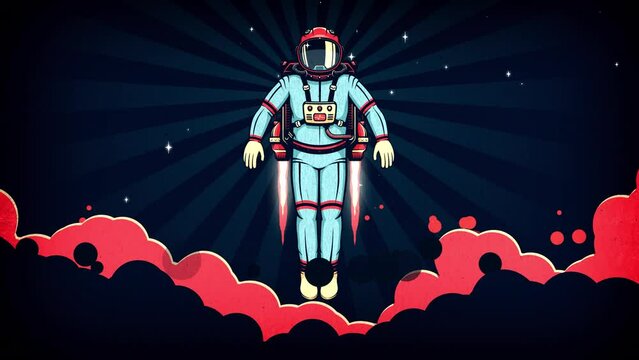 Astronaut in spacesuit with jetpack takes off above the cosmic clouds. 2D retro animation