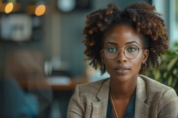 Woman glasses table plant sitting