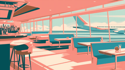Fototapeta premium Vintage Travel Poster featuring a bar at an airport looking out at an airplane 