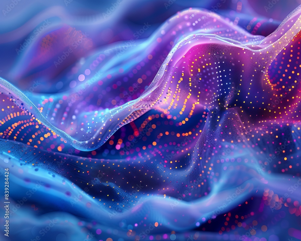 Poster abstract wave pattern with vibrant colors and light dots. futuristic digital landscape with flowing 