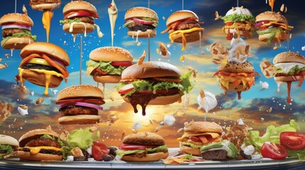 burgers falling in the air, featuring grilled meat and a variety of toppings