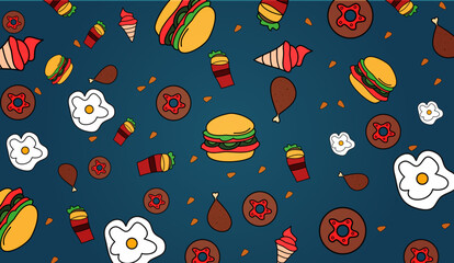 Tasty junk food seamless pattern doodles with colored hand drawn illustration